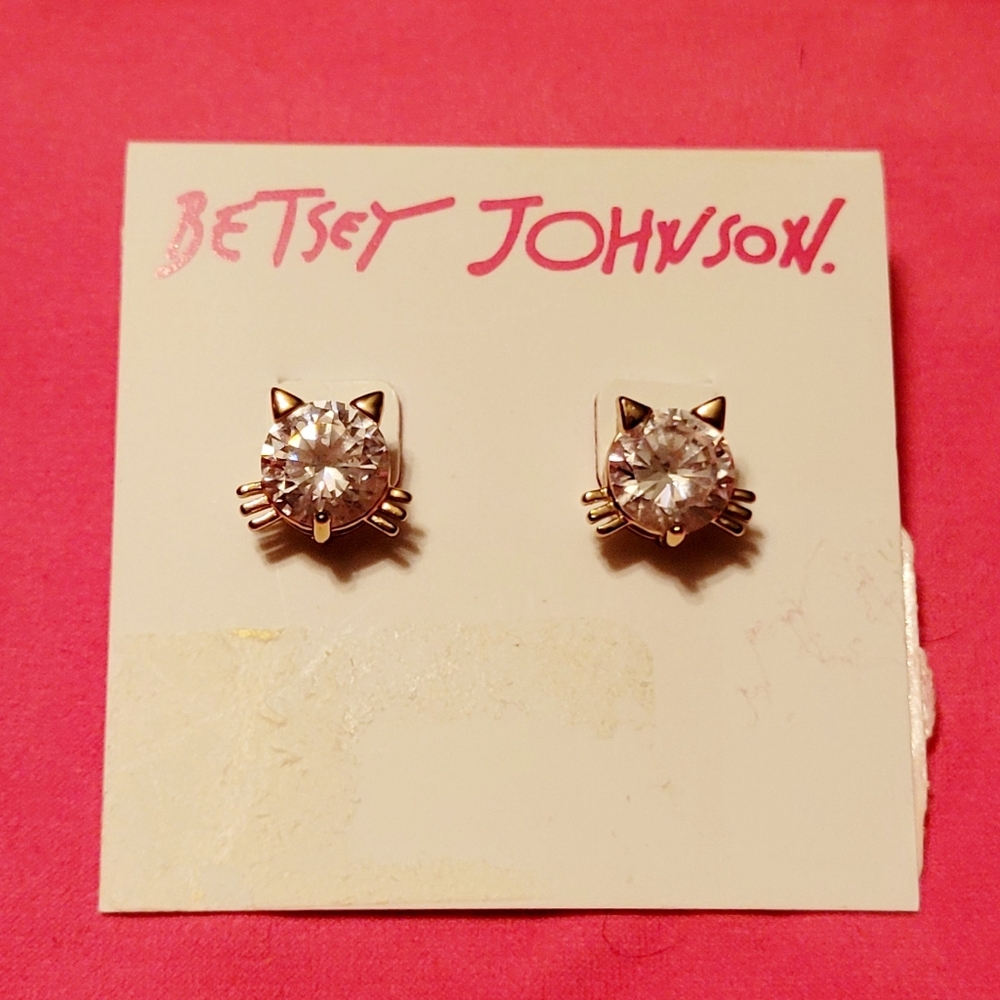 Betsy Johnson Gold Tone Crystal Cat Stud Earrings